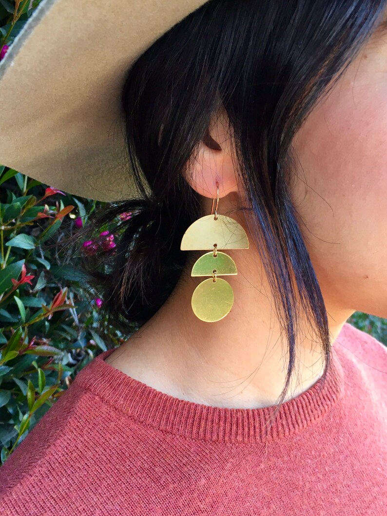 CAITLIN Brass Earrings, Modern Gold Half Moon Bold Statement Semi Circle Dangle Earrings, Lightweight Jewelry Gift Just Short and Sweet Original