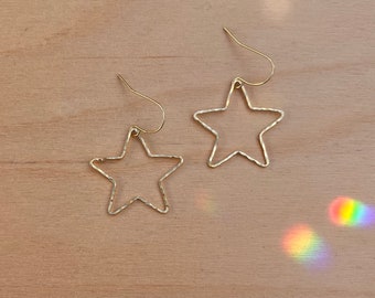 NEW Hammered Star Hoops, Modern Lightweight Shiny Gold Plated Hoop Earrings Fun Jewelry Gift for Her Gen Z under 30 | Just Short and Sweet