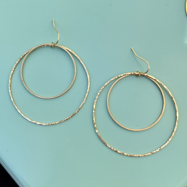 NEW Double Hammered Big Brass Hoop Earrings, Modern Gold Simple Minimalist Lightweight Dangle Earrings Boho Jewelry | Just Short and Sweet