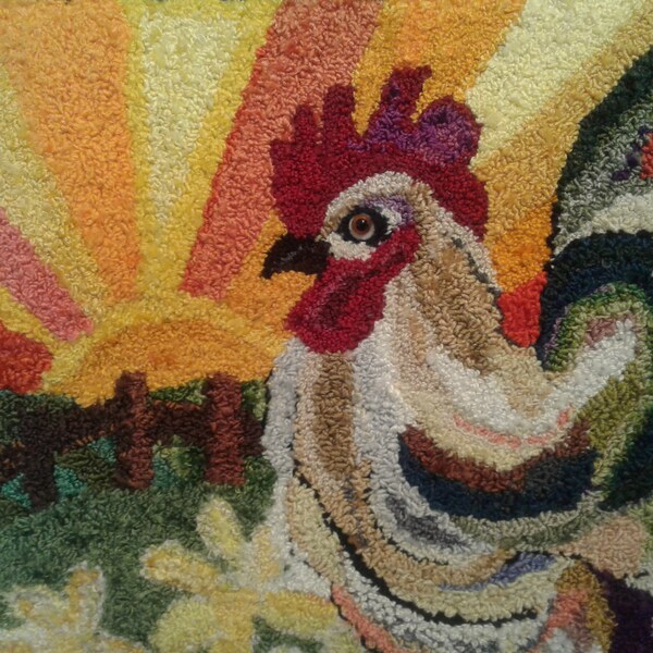 Cockerel sunny morning primitive Folk art style picture  Punch needle  mixed media wall hanging