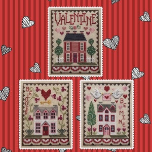 CROSS STITCH PDF Valentine House Trio by Waxing Moon Designs