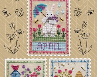 Monthly Trio: April, May, June by Waxing Moon Designs, Cross Stitch Pattern, PDF