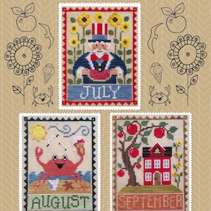 CROSS STITCH PDF Monthly Trio: July, August, September by Waxing Moon Designs