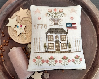 1776 Patriotic House by SamplersPrimitives, Digital Download, USA 250th Anniversary