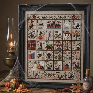May include: A framed cross-stitch sampler titled Creepy Countdown featuring a grid of thirty numbered squares with Halloween motifs like ghosts, witches, pumpkins, and black cats, finished with the text Halloween Oct 31 at the bottom.