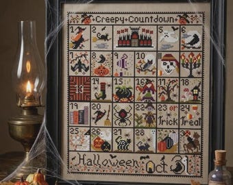 Halloween Creepy Countdown, Cross Stitch PDF Download Pattern, Prim Stitcher Shoppe