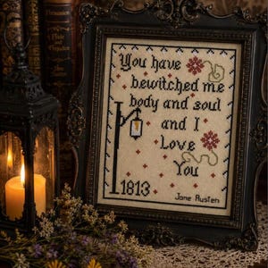 May include: A framed cross-stitch embroidery on beige fabric featuring the black text "You have bewitched me body and soul and I love you", the year "1813", and the name "Jane Austen". The design includes a black lamp post and red flowers.