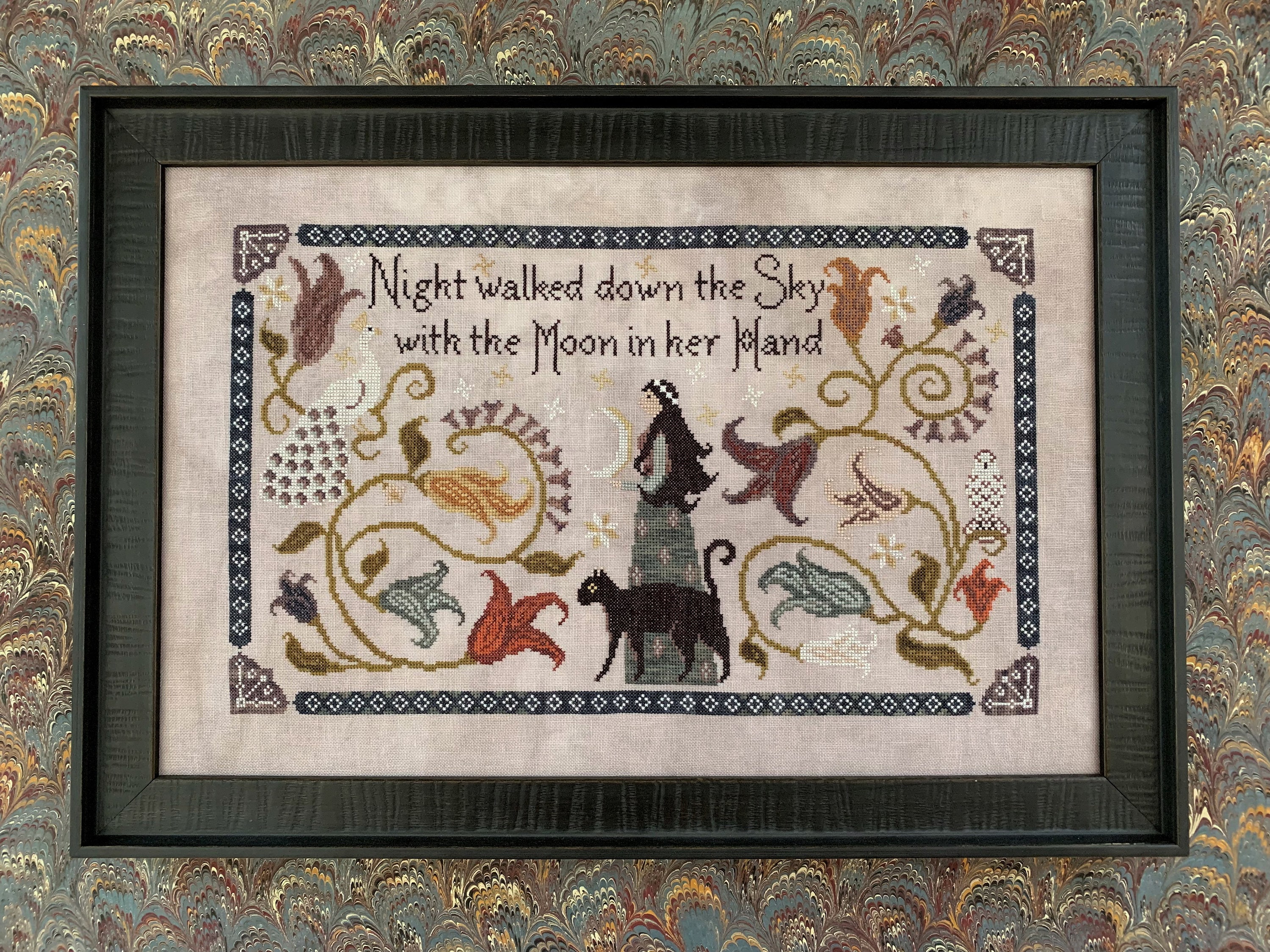 THE BLUE FLOWER "Night Walked Down" • Primitive Counted Cross Stitch Pattern • Fall, Autumn