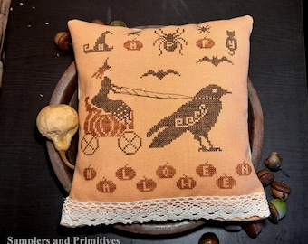 Happy Halloween Cross Stitch Pattern, SamplersPrimitives, Digital Download PDF