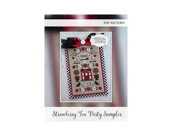 CROSS STITCH PDF Strawberry Tea Party Sampler by Cherry Hill Stitchery