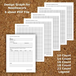 May include: Six printable graph paper sheets for needlework projects. The sheets are labelled with different counts: 10, 14, 16, 18, and 22. The sheets are designed for use with a legend, which is also included.