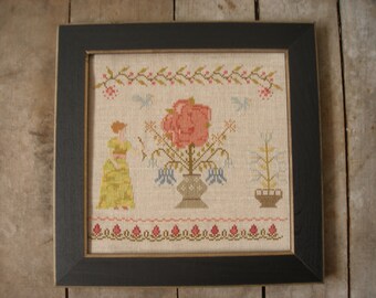 PDF DOWNLOAD • Three Cat Farm "Fraktur Girl With Roses" • Counted Cross Stitch Digital Pattern