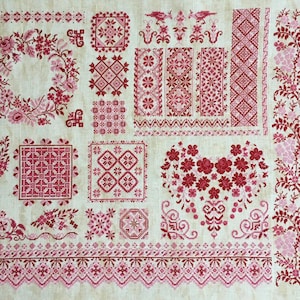 May include: A sampler of cross-stitch embroidery designs featuring a variety of floral, geometric, and border patterns in shades of pink and red.