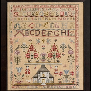 May include: A framed cross-stitch sampler on beige linen featuring the text MARY COLLIER HER WORK IN THE YEAR OF HER AGE. The design includes multiple alphabet rows, numbers, stylized trees, birds, flowers, a house, and two figures in a dark frame.