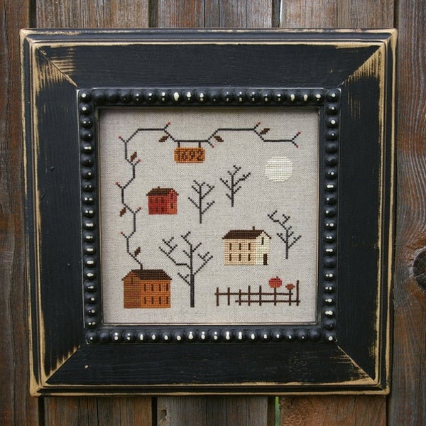 PDF DOWNLOAD "Salem" • Counted Cross Stitch Pattern by Bluebird Needleworks • Primitive, Autumn, Houses, 1692