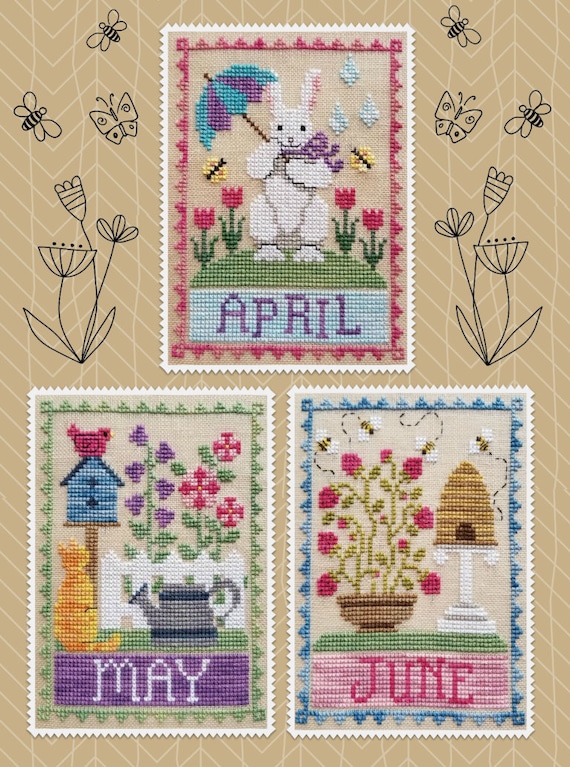 Monthly Trio: April, May, June by Waxing Moon Designs, Cross Stitch Pattern, PDF