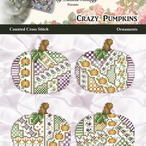 May include: Four counted cross-stitch pumpkin ornaments. Each pumpkin features a unique patchwork design with orange, green, and purple patterns. The pumpkins have brown stems and are set against a white background. The text "Crazy Pumpkins" is visible.