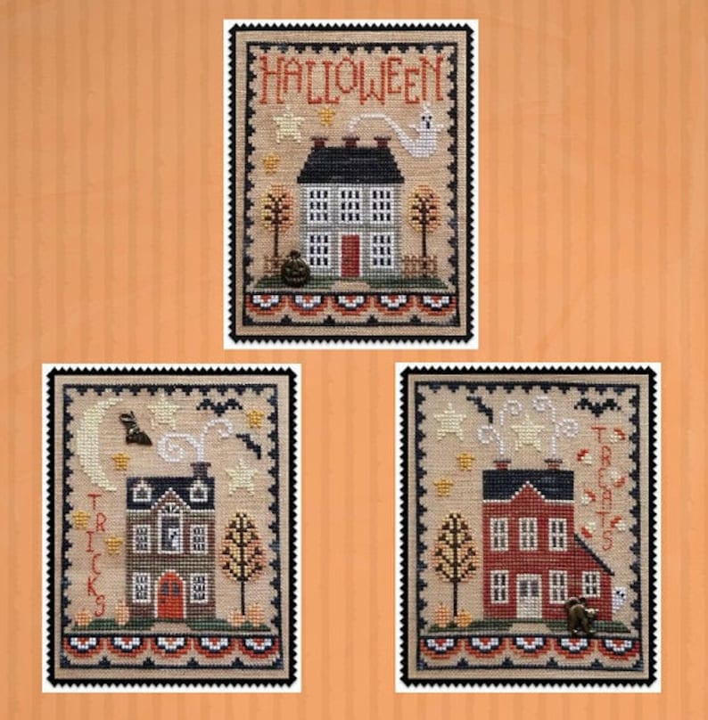 May include: Three cross-stitch designs featuring Halloween-themed houses. The top design has a house with a black roof and the word "HALLOWEEN". The other two designs have houses with bats, stars, and the words "TRICKS" and "TREATS".