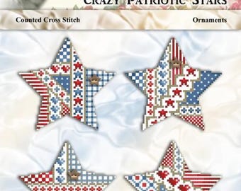 Crazy Patriotic Stars Cross Stitch PDF Pattern, Americana Ornaments, Kitty and Me Designs