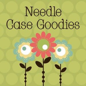 May include: Needle Case Goodies - A green background with white polka dots features three stylized flowers with brown stems and white beads. The flowers are red, blue, and yellow.