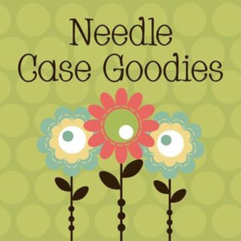 May include: Needle Case Goodies - A green background with white polka dots features three stylized flowers with brown stems and white beads. The flowers are red, blue, and yellow.