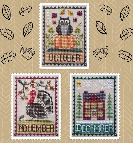 CROSS STITCH PDF Monthly Trio: October, November, December by Waxing Moon Designs - Con