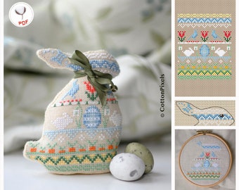 Conejo de Pascua de Cotton Pixels, patrón de punto de cruz, PDF