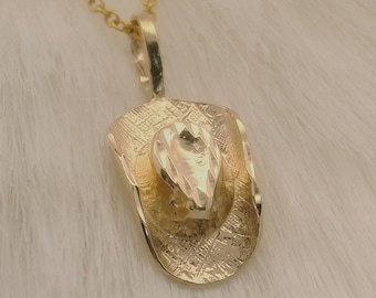 14k Cowboy Hat Charm: Solid Yellow Gold 3D Cowgirl Western Diamond Cut Pendant Necklace