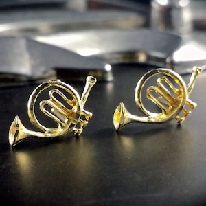 14k French Horn Earring, Musical Post Earrings