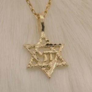 May include: A gold-colored necklace with a Star of David pendant. The pendant has a textured surface and is suspended from a delicate chain. The necklace is displayed against a soft, white background.