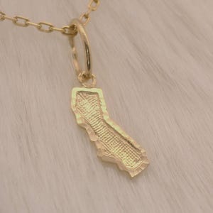 May include: Gold-colored necklace with a pendant shaped like the state of California. The pendant is detailed with etched lines, and the chain is a delicate link style. The necklace is displayed on a soft, white background.