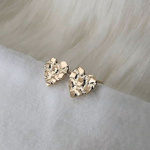 14k Heart Earring, Golden Nugget Heart Post Earring