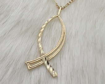 14k Fish Pendant, Beautiful Solid Gold Simple Modern Christian Charm, Ichthys Jesus Christ God Religious Bible Necklace