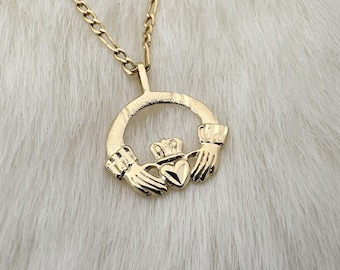 14k Gold Claddagh Necklace: SMALL Irish Friendship Pendant, Diamond Cut