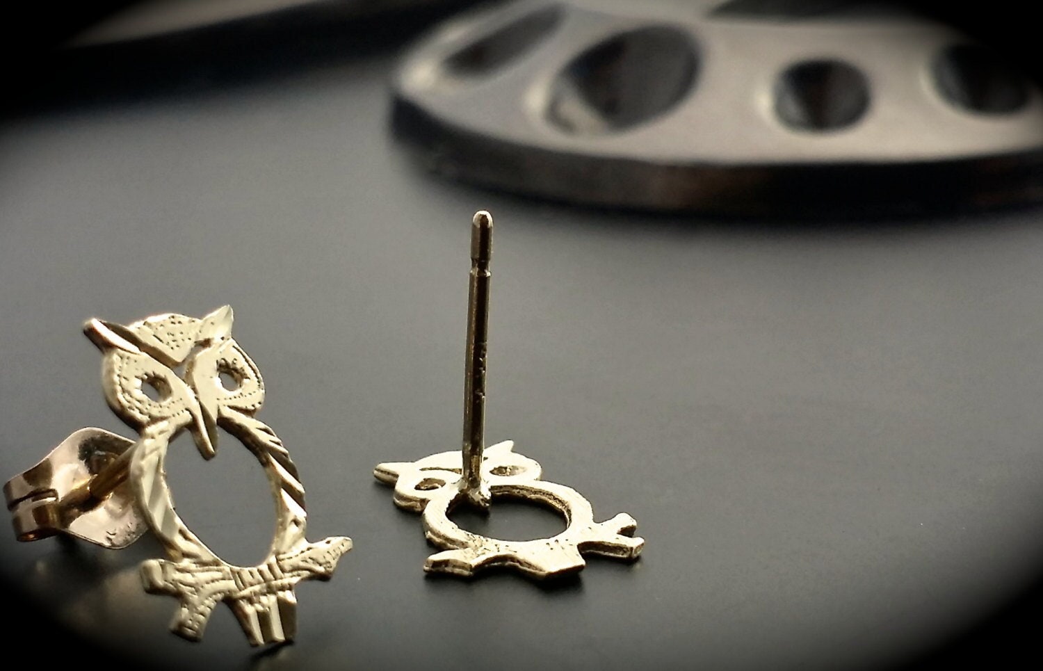 14k Gold Owl Earrings: Diamond Cut Post Earrings