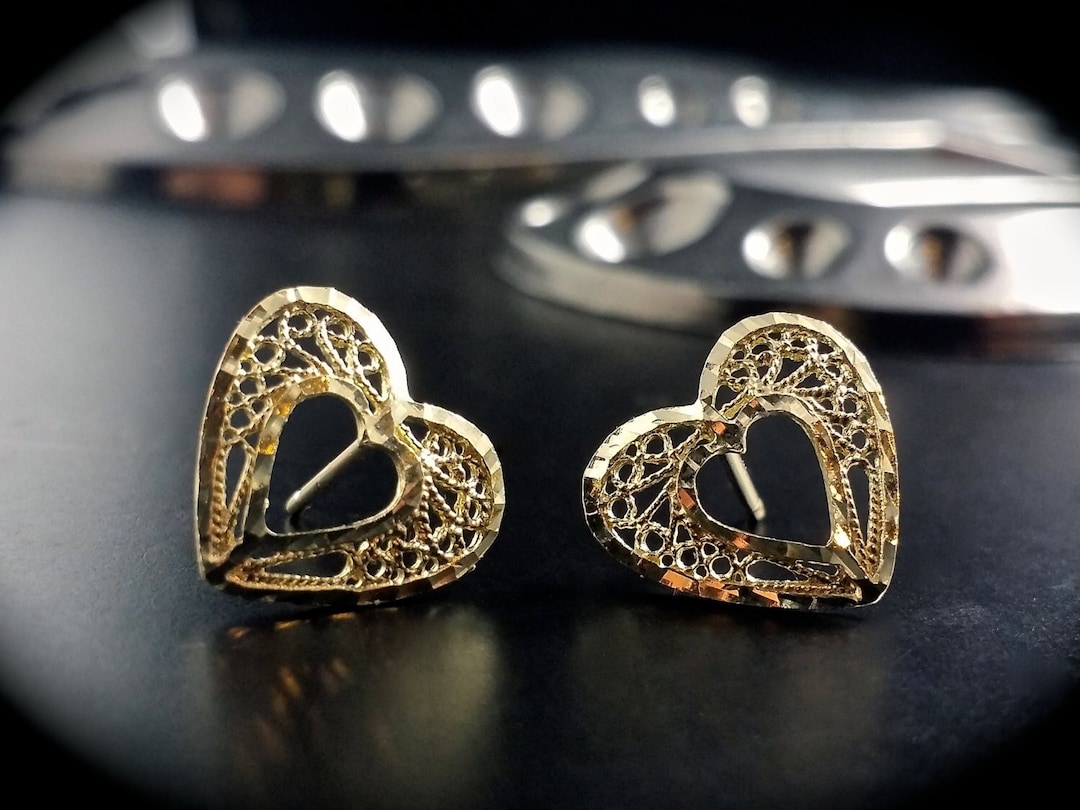 Boucle d’oreille coeur en filigrane 14 carats, coeur en or, boucle d