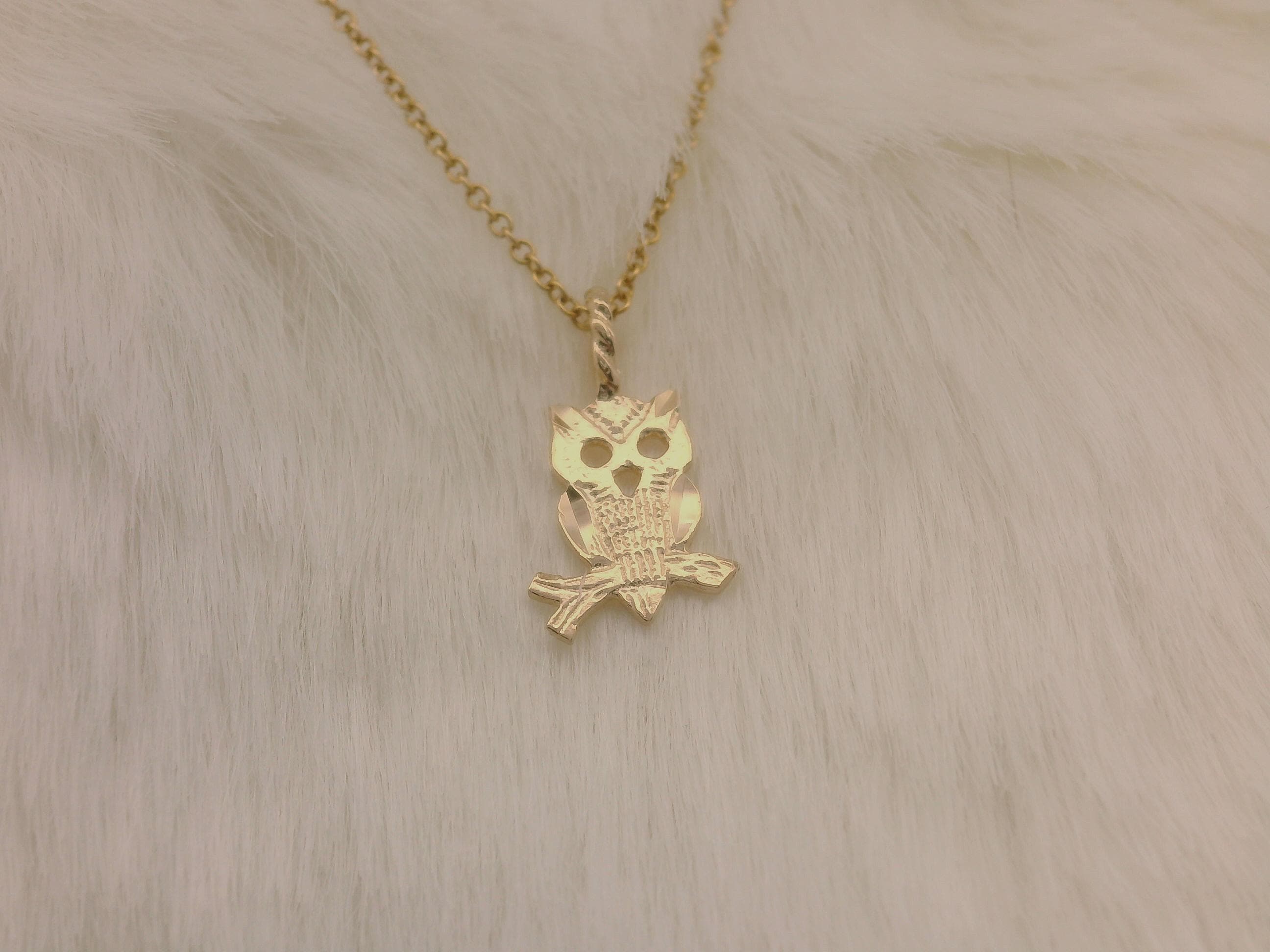 14k Solid Gold Owl Pendant: Sitting Owl Charm With Rope Loop