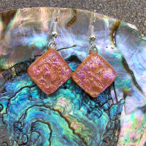 Peachy Pink Dichroic Glass Dangle Earrings image 1