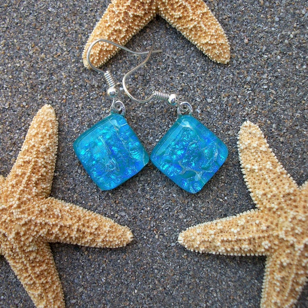 Sea Foam Aqua Blue Green Dichroic Glass Dangle Earrings