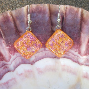 Peachy Pink Dichroic Glass Dangle Earrings image 3