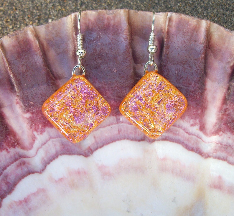 Peachy Pink Dichroic Glass Dangle Earrings image 3