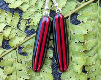 Black and Red Fused Glass Surfboard Earrings