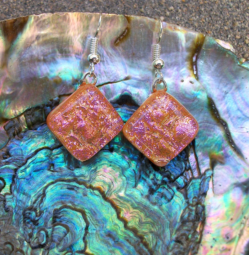 Peachy Pink Dichroic Glass Dangle Earrings image 1