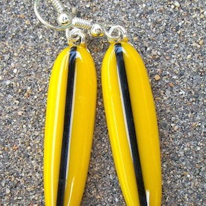 Surfer Girl Earrings, Yellow and Black Fused Glass Surfboard Earrings