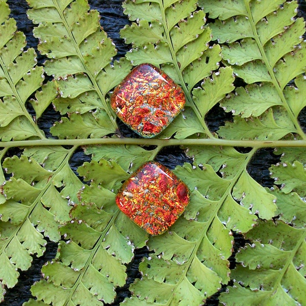 Fiery Red Dichroic Fused Glass Stud Earrings