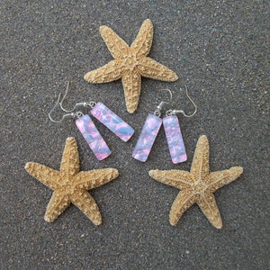 Fiery Pink Pearl Dichroic Glass Dangle Earrings