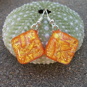 California Garibaldi Fish Orange Inspired Dichroic Fused Glass Dangle Earrings