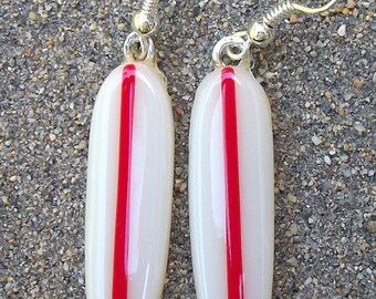 Surfer Girl Earrings, Cream and Red Fused Glass Surfboard Earrings