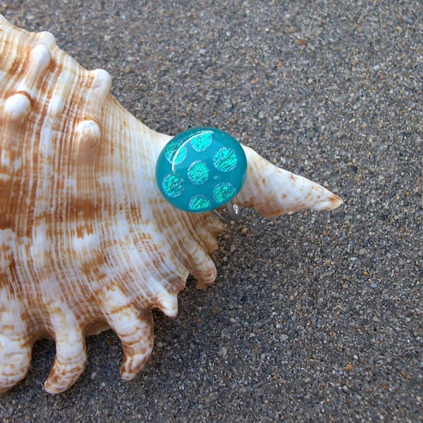 Aqua Blue Green Fused Glass Ring with Dichroic Flower