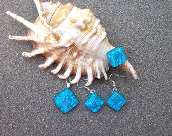 Sea Foam Aqua Blue Green Dichroic Glass Dangle Earrings, Ring and Pendant Necklace Set